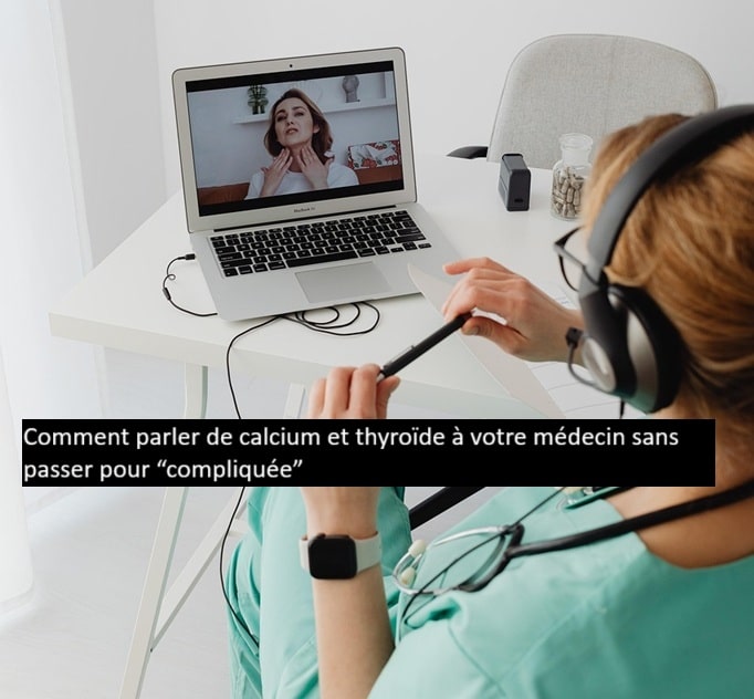 Femme en téléconsultation avec un médecin pour discuter du bilan calcium et thyroïde dans la maladie de Hashimoto.