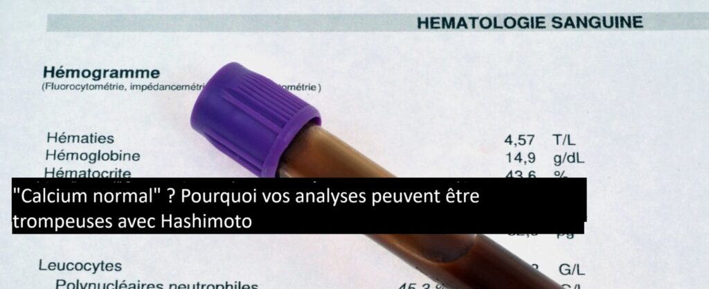 Bilan sanguin et tube de prélèvement illustrant l’analyse du calcium et de la thyroïde chez une patiente Hashimoto