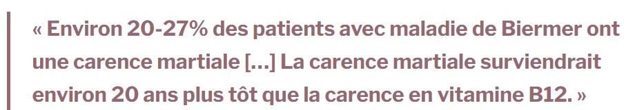 Citation de la SNFGE expliquant la fréquence de la carence en fer dans la maladie de Biermer.