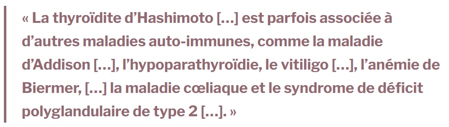 Citation du MSD Manual listant les maladies auto-immunes associées à la thyroïdite de Hashimoto.