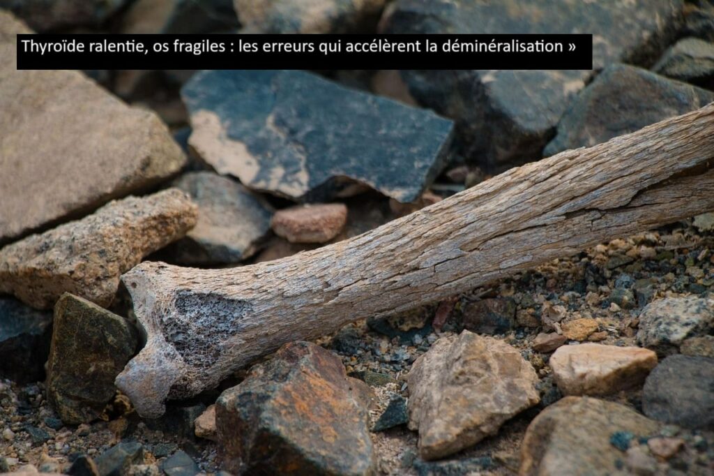 Os fragilisé posé sur des pierres pour représenter l’ostéoporose liée aux troubles de la thyroïde et du calcium